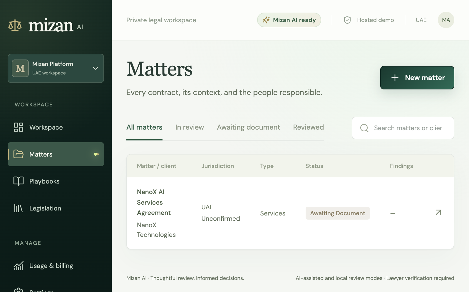 Legal Mizan matters list screenshot