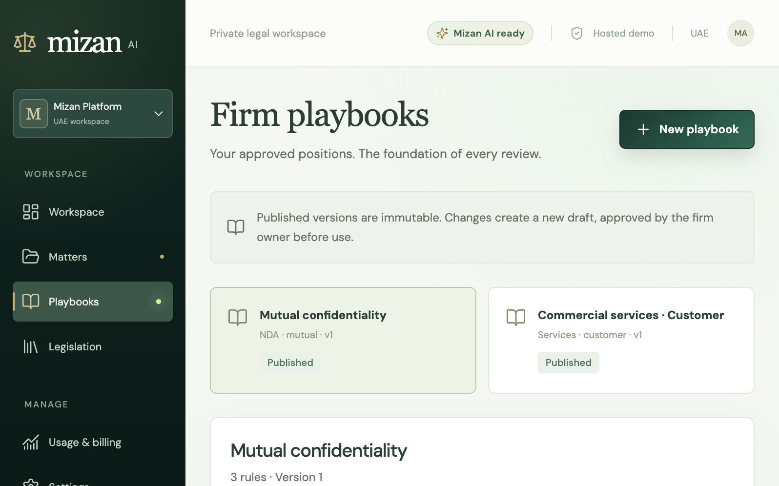 Legal Mizan playbooks screenshot