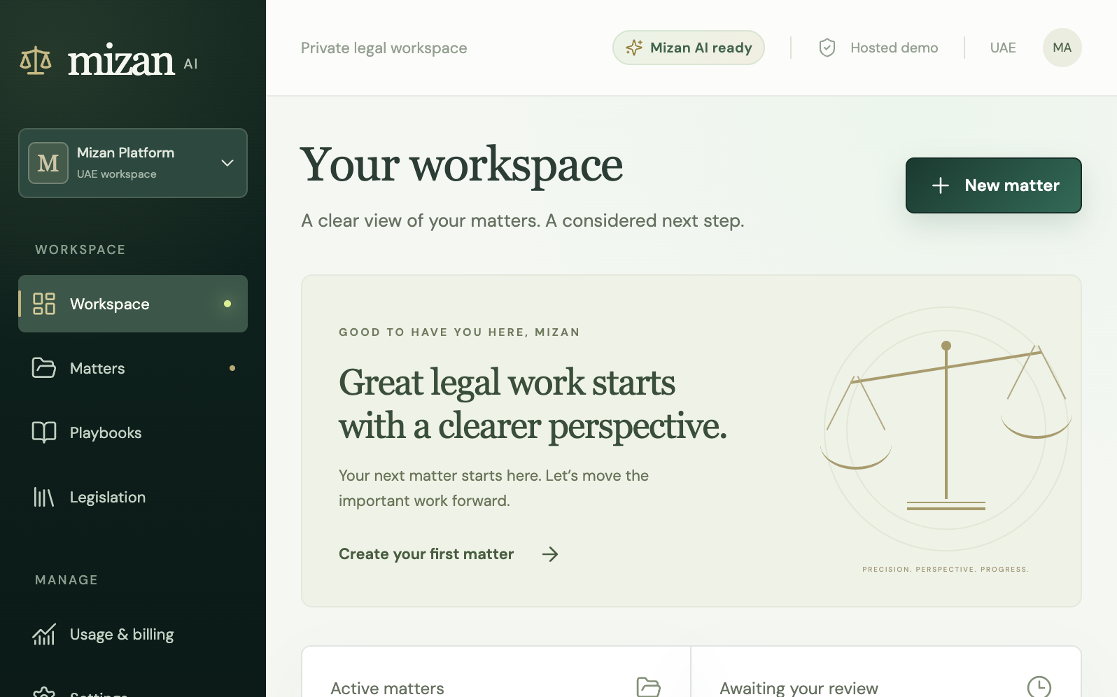 Legal Mizan workspace home screenshot